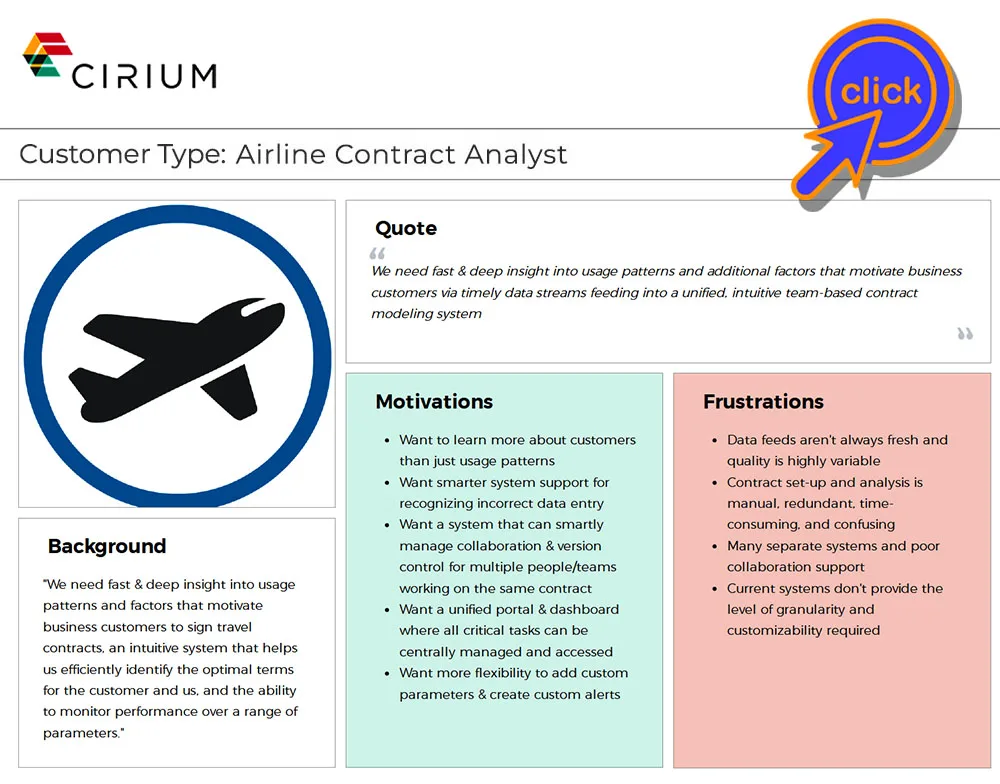 An image describing a UX persona, in this case an airline contract analyst