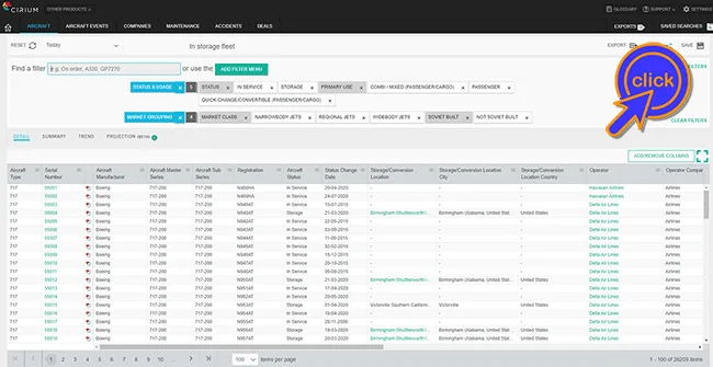 An image showing Cirium's first attempt at modernizing their legacy tabular data products, which basically involved just adding some color to buttons
