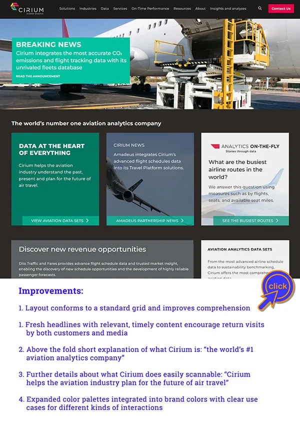 An image describing improvements to Cirium's website after expert heuristic analysis recommendations were implemented