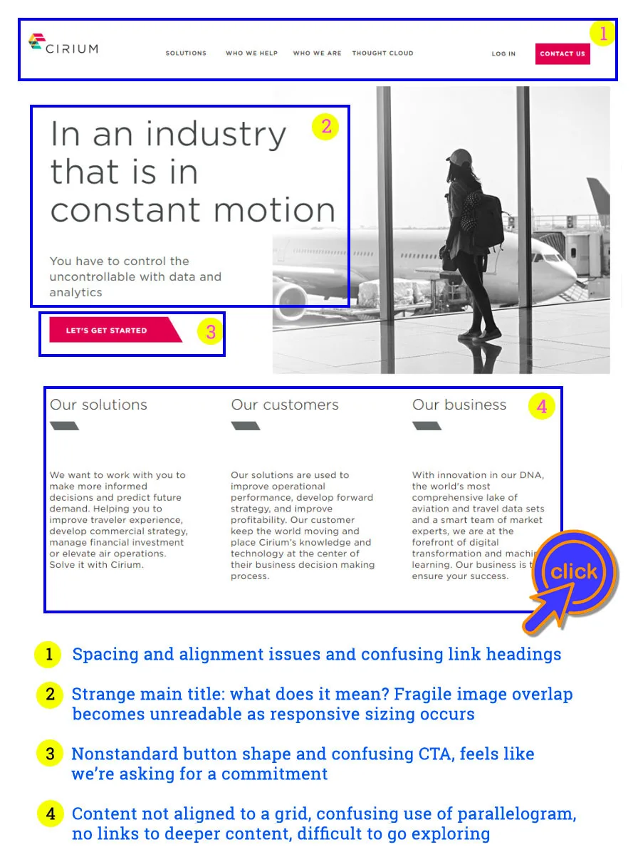 An image describing a range of problems with Cirium's original website