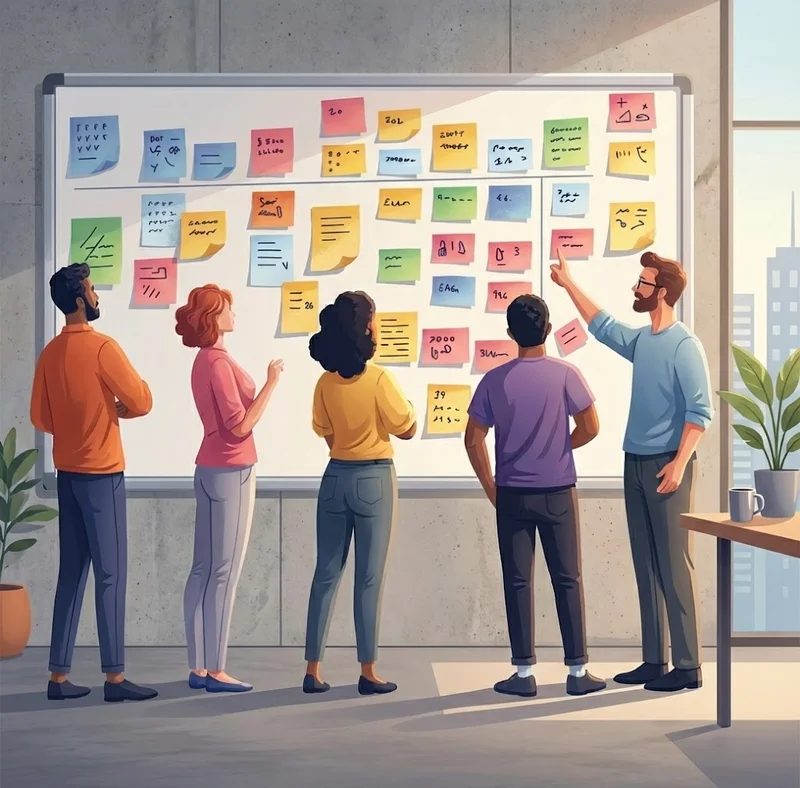 Team collaborating at a whiteboard covered in colorful sticky notes